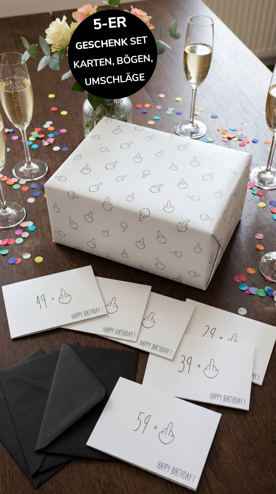 Lustiges Geschenkpapier 5er Set Mittelfinger, Geschenkpapier, Geburtstag Karten mit Umschlägen